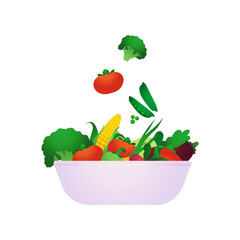 Vegetables not cut in a salad bowl. Healthy and wholesome food.