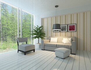 White minimalist room interior with furniture on a wooden floor, frames on a large wall, white landscape in window. Home nordic interior. 3D illustration