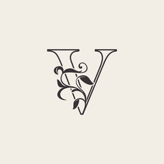 Graceful Floral Letter V Luxury Logo Icon . Black and White Outline simple beautiful logo. Vintage drawn alphabet in art nature leaf style.