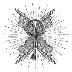 Vintage vector flash tattoo, sticker, patch. Key with wings and rays