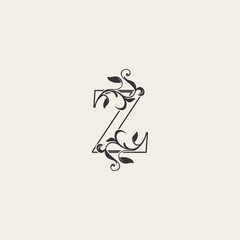 Graceful Floral Letter Z Luxury Logo Icon . Black and White Outline simple beautiful logo. Vintage drawn alphabet in art nature leaf style.