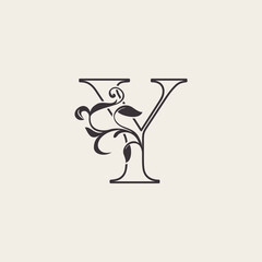 Graceful Floral Letter Y Luxury Logo Icon . Black and White Outline simple beautiful logo. Vintage drawn alphabet in art nature leaf style.