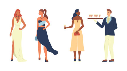 Concept Of Fashion. Handsome Young Beautiful Girls In Evening Gowns On Club Party. Waiter With a Tray Delivers Drinks. Privat Party With Guests And Service. Cartoon Flat Style. Vector Illustration