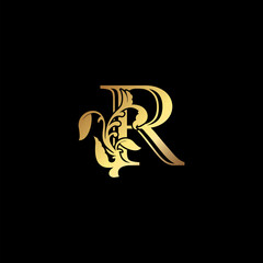 Floral Gold R Luxury Letter Logo Design, Elegance Alphabet Vector Nature Leaf Style.