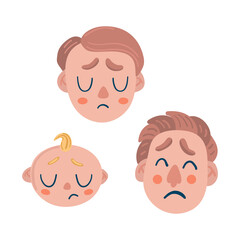 Sad men's emotions. Newborn, teenager, adult. Tears and longing. Flat vector illustration
