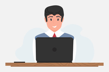 Businessman entrepreneur in a suit working on a laptop at desk. Vector stock illustration in flat style isolated on white background.