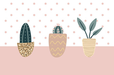 Collection of decorative houseplants. Bundle of trendy plants growing in pots. Set of beautiful natural home decorations. Flat colorful vector illustration.