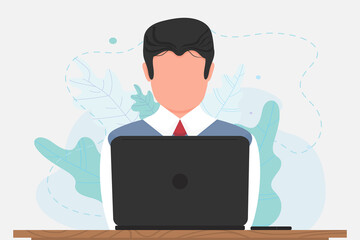 Businessman entrepreneur in a suit working on a laptop at desk. Vector stock illustration in flat style isolated on white background.