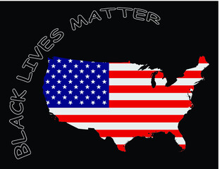 International human rights movement Black Lives Matter message over flag map of the United States of America isolated on black background 