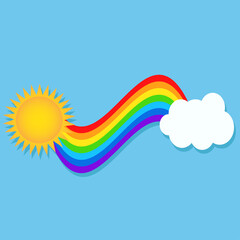 Colorful rainbow, sun and cloud in the sky in cartoon style like element for design, stock vector illustration