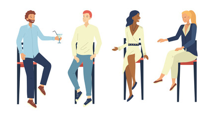People Communications Concept. Group Of People Have A Good Time Communicating Sitting On Bar Chairs. Male And Female Characters Talking, Drinking Alcohol Cocktails. Cartoon Flat Vector Illustration