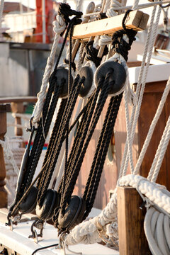 Detail of vintage sailboat wooden riggings