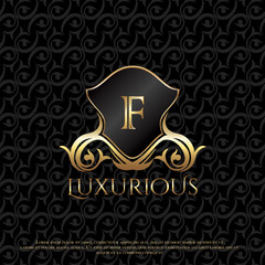Shield Luxury Logo Letter F Elegance Ornate Floral Leaf Logo Icon Design Template, Classy monogram vintage logo vector design concept for luxuries business