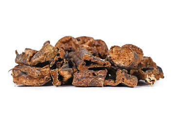 Dried beef lung pieces, an easy to chew and nearly fat free natural healthy dog treat on white...