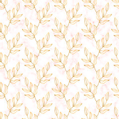 Vector seamless luxury pattern with pink marble texture and golden floral elements. Marble background with gold branches over it. Elegance backdrop for wedding invitations, decoration, card