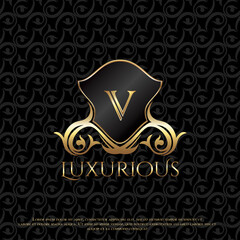 Shield Luxury Logo Letter V Logo Icon Design Template Elegance Ornate Floral Leaf, Classy monogram vintage logo vector design concept for luxuries business