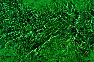Green rippled water with sandy texture below.