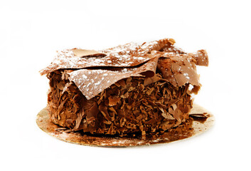 Chocolate mousse cake isolated on white.