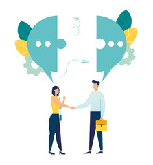 Vector illustration, flat style, businessmen discuss social networks, news, social networks, chat, dialogs, speech bubbles, thoughts puzzle