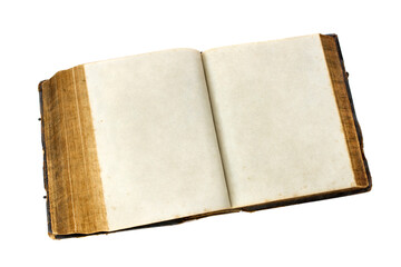 Old open book with blank pages isolated on white.