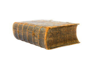 Old book with leather binding isolated on white