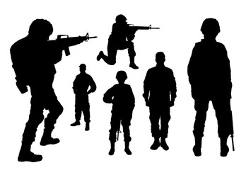 Collage with silhouettes of soldiers on white background. Military service