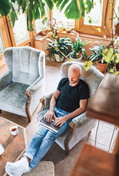 Man dressed black T-shirt and jeans sitting in a comfortable armchair, using a modern slim laptop and drinking tea in house sunroom living room. Distance or freelance or writer working concept image.