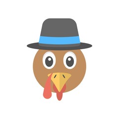 Animated hen face icon in flat design style. Chicken rooster, cock with hat. Creative logo, mascot design element.