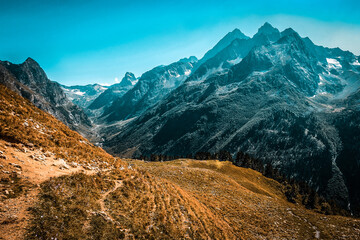 Scenic mountain scenery with cloudless skies. Wildlife. A paradise for climbers. Daylight time....