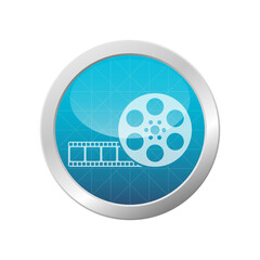 Retro cinema reel icon video camera negative tape roll symbol movie filmstrip on light blue shiny circle frame vector illustration