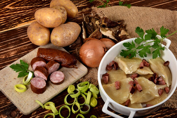 smoked sausage, dried mushrooms, potatoes, onions, dumpling stuffing ingredients