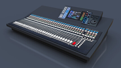 Medium-sized grey mixing console for Studio work and live performances on a gray background. 3d rendering.