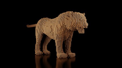 A tiger made of many cubes on a black uniform background. Constructor of cubic elements. Art of the wild animal world in modern performance. 3d rendering.