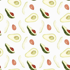 Avocado watercolor. Seamless patternon on white background. Watercolor botanical illustrations. Tropical plant.