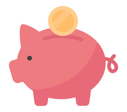 Flat vector illustration of piggy bank with a coin inserting, pink money box, isolated image of income investment.