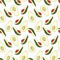 Avocado watercolor. Seamless patternon on white background. Botanical illustrations. Tropical plant.