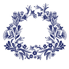 Vector ornamental isolated floral vignette botanical design in blue and white in Gzhel style. The design is perfect for backgrounds, wallpapers, advertisements, textiles, sheets, wrapping paper