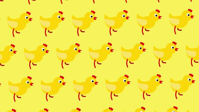 Seamless loop pattern with cartoon animated chickens. 4K background