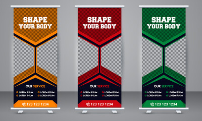 Fitness Gym Roll Up Stand Banner Design Template. Standee Design Template, Banner Template, Brochure Flyer, Vector illustration, Annual Report, Magazine, Poster, Flag Banner Design.