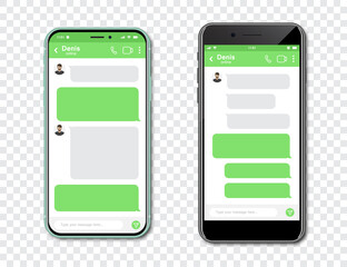 Set of smartphones with blank chat messenger. Template with message bubbles in smartphone