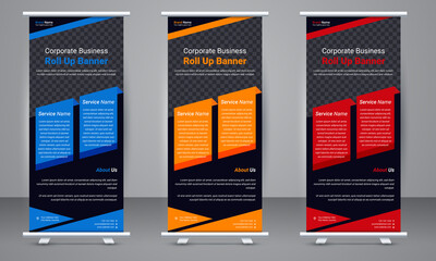 Corporate business Roll up banner template design with three color variation. Standee Design, Presentation and Brochure Flyer, Vector illustration, Annual Report, Magazine, Poster, Flag Banner Design.