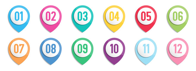 Set of number bullet point markers 1 to 12 with shadow