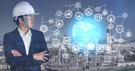 Industrial 4.0 concept.double exposure businessman and icons big data connection manufacturing technology of oil and gas refining industrial.