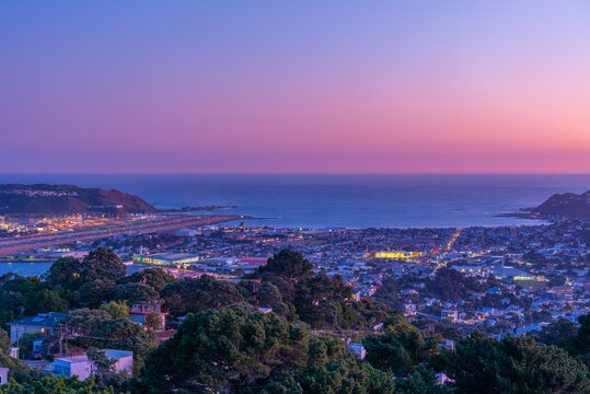 Sunset Aerial View Of Wellington International Airport In New Zealand