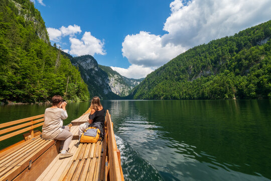 View of the prow of a "Pl&auml;tte", a traditional wooden flat boat, navigating across the legendary Lake Toplitz, Ausseer Land region, Styria, Austria