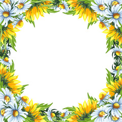 Obraz premium Watercolor floral wreath with sunflowers,chamomiles, leaves, foliage, branches, fern leaves and place for your text. Perfect for wedding invitations, greeting cards. Angled wildflowers frame.