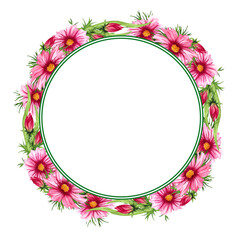 Watercolor floral wreath with cosmos flowers, leaves, foliage, branches, fern leaves, place for your text. Perfect for wedding, invitations, greeting cards, print. Round autumn’s wildflowers frame.