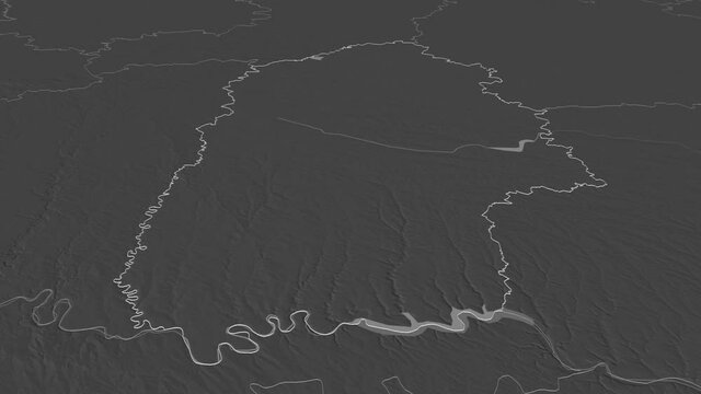 Khmel'nyts'kyy, region with its capital, zoomed and extruded on the bilevel map of Ukraine in the conformal Stereographic projection. Animation 3D
