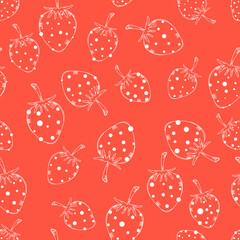 Hand drawn of strawberry. Seamless vector illustration pattern. White lines with white doodle stroke on red background .