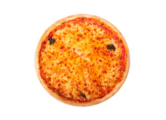 Whole pizza with mozzarella, bocconcini and basil leaves or pizza margherita. Italian tasty pizza isolated on white background with clipping path, top view